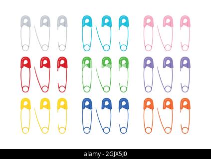 Safety pin color needle set isolated on white background. Stock Vector