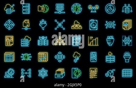 Big data icons set. Outline set of big data vector icons neon color on black Stock Vector