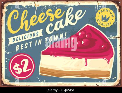 Cheesecake vintage promotional sign template. Cake shop retro poster design. Sweet food and desserts vector illustration Stock Vector