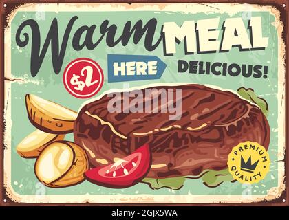 Restaurant menu board advertisement with juicy steak, fried potatoes and tomato slice. Food poster design. Warm meal retro vector tin sign for diner o Stock Vector