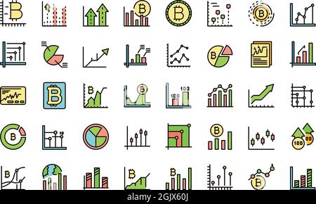 Bitcoin chart icons set. Outline set of bitcoin chart vector icons thin line color flat isolated on white Stock Vector