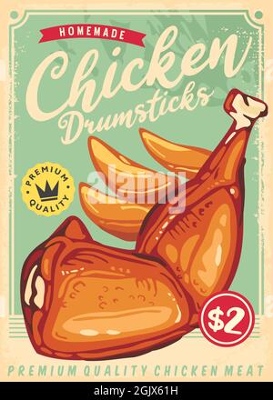 Roasted chicken drumsticks retro poster promo design. Vintage ad with crispy chicken meat. Grilled food restaurant menu vector illustration. Stock Vector