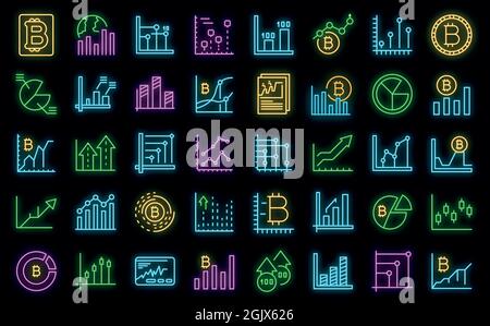 Bitcoin chart icons set. Outline set of bitcoin chart vector icons neon color on black Stock Vector