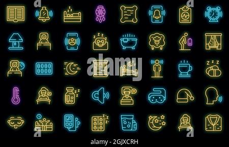 Sleep problems icons set. Outline set of sleep problems vector icons neon color on black Stock Vector