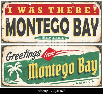 Montego Bay Jamaica retro tin signs collection. Caribbean islands travel destination vector illustration. Montego Bay vintage greeting card souvenirs Stock Vector