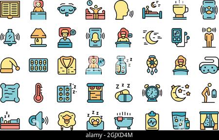 Sleep problems icons set. Outline set of sleep problems vector icons thin line color flat isolated on white Stock Vector