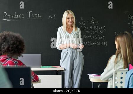 Smiling young teacher having mathematics lesson standing at chalkboard. Stock Photo