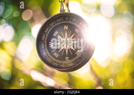 Compass in the forest, close-up view Stock Photo