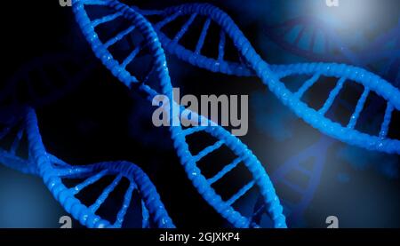 Blue particles dna helix with dark background as a concept of science, biology, genetics, medicine and Biotech. 3d rendering . Render 3D Stock Photo