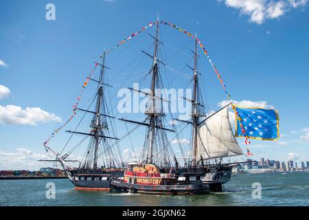 Boston, United States. 11th Sep, 2021. The nations oldest navy ship, the USS Constitution sails to commemorate the 20th anniversary of the 9/11 terrorist attacks September 11, 2021 in Boston Harbor, Massachusetts. The event commemorates the nearly 3,000 people killed by terrorists on September 11th, 2001. Credit: MC3 Alec Kramer/U.S. Navy/Alamy Live News Stock Photo