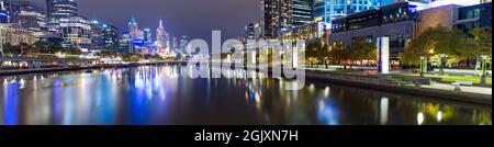 A panoramic view of Melbourne, Australia seen from the Yarra River. The Melbourne Central Business District can be seen (left) with Southbank (right).