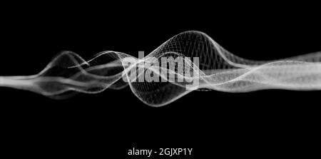 White sound waves with different frequency or wavelength, bright glowing colors against black background, conceptual science or research backdrop Stock Photo