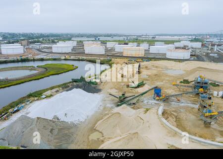 Aerial top view construction industry at refinery zone of oil and gas storage tank Stock Photo