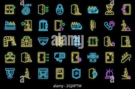 Human evacuation icons set. Outline set of human evacuation vector icons neon color on black Stock Vector