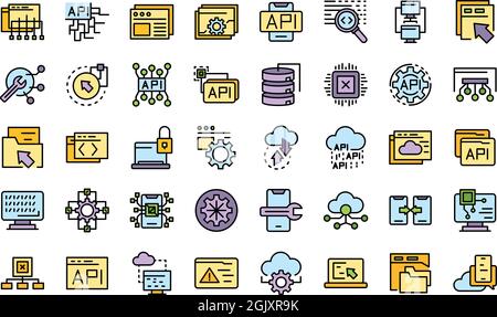 API icons set. Outline set of API vector icons thin line color flat isolated on white Stock Vector