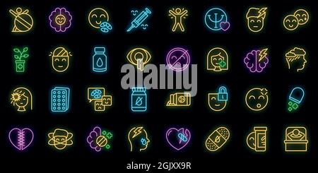 Antidepressant icons set. Outline set of antidepressant vector icons neon color on black Stock Vector