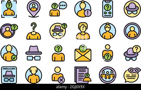 Anonymous icons set. Outline set of anonymous vector icons thin line color flat isolated on white Stock Vector