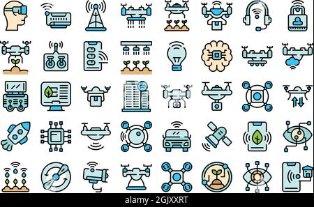 Drone technology icons set. Outline set of drone technology vector icons thin line color flat isolated on white Stock Vector