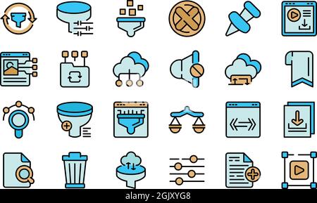 Filter search icons set. Outline set of filter search vector icons thin line color flat isolated on white Stock Vector