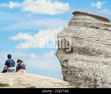 The natural rock formation in the Bucegi Natural Park which is in the Bucegi Mountains of Romania called The Sphinx (Sfinxul) Stock Photo