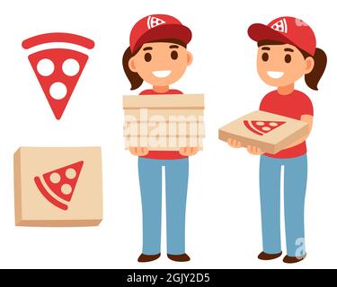 Cute cartoon pizza delivery girl holding pizza boxes with pizzeria logo. Simple flat vector illustration. Stock Vector