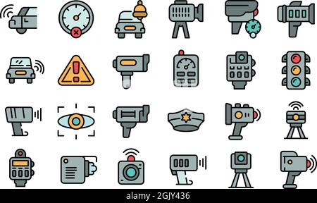 Speed radar icons set. Outline set of speed radar vector icons thin line color flat isolated on white Stock Vector