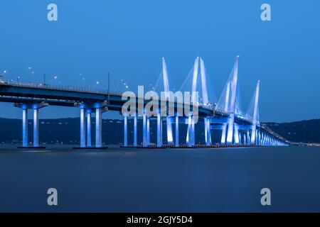 The Governor Mario M. Cuomo Bridge illuminated in blue in observation of the 20th anniversary of the 9/11 terrorist attacks. Stock Photo