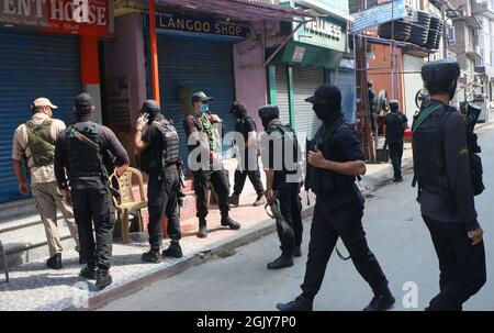 Srinagar, India. 12th Sep, 2021. Indian paramilitary forces stand guard near the site of a militants attack at downtown area of Srinagar, Sunday Sep 12, 2021. At least one indian police officer killed by suspected militants on Sunday afternoon in Indian portion of Kashmir in a Attack, Officials Said. (Photo by Sajad Hameed/Pacific Press) Credit: Pacific Press Media Production Corp./Alamy Live News Stock Photo