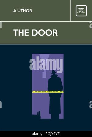 Man wearing fedora hat and coat stands in doorway looking at the dead person on the floor. Book cover creative template. Mystery genre. Stock Vector