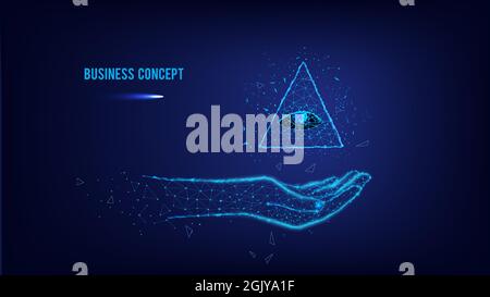 Concept of business. Polygonal pyramid on the arm.  Polygonal hand. Blue background. Eye of Providence Stock Vector