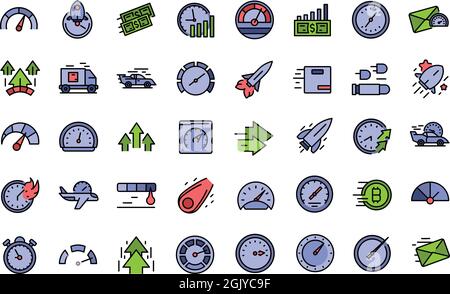 Velocity icons set. Outline set of velocity vector icons thin line color flat isolated on white Stock Vector
