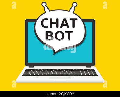 Chat bot app on laptop screen, flat design illustration Stock Vector