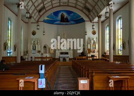 Mackinaw Island, MI - July 14, 2021: Interior of the historical St. Anne's Church on Mackinac Island, MI on July 14, 2021. Stock Photo