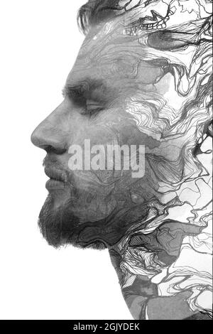 A black and white profile portrait of a man combined with abstract shapes. Stock Photo