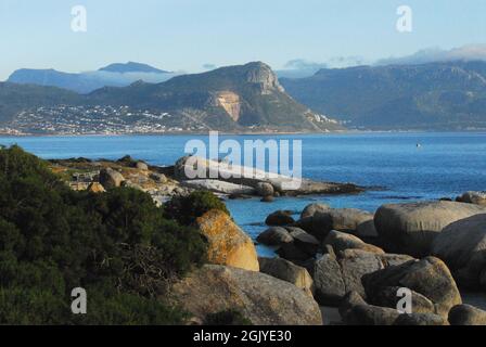 A wonderful panoramic view of False Bay, Boulders Beach and the Penguin colony in Simon's Town, South Africa. Stock Photo