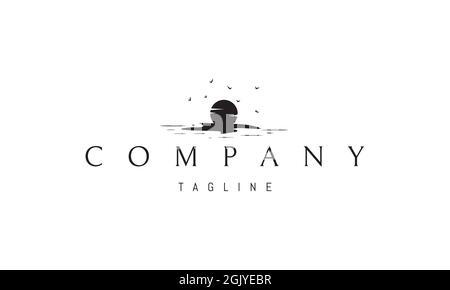 Vector logo on which an abstract image of the sunrise on the sea against the background of flying seagulls. Stock Vector