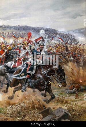 Marshal Poniatowski's Last Charge at Leipzig. Napoleon only promoted his men by merit, not by their title, which gave him a formidable army during the Napoleonic Wars.Painting by Richard Caton Woodville Stock Photo