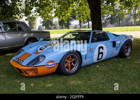 GT40 (HON 797D) Le Mans Coupe in the iconic Gulf Oil livery on display at Blenheim Palace motor show held in Oxfordshire on Sunday 5th September 2021 Stock Photo