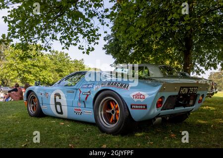 GT40 (HON 797D) Le Mans Coupe in the iconic Gulf Oil livery on display at Blenheim Palace motor show held in Oxfordshire on Sunday 5th September 2021 Stock Photo