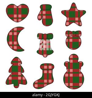 New Year symbols felt toys made of fabric tartan. Set of isolated vector colored objects. Stock Vector