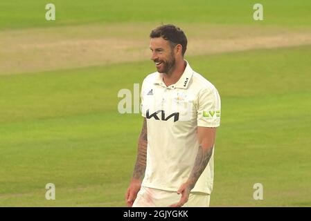 12 September, 2021. London, UK. Surrey’s Jordan Clark as Surrey take on Essex in the County Championship at the Kia Oval, day one. David Rowe/Alamy Live News. Stock Photo