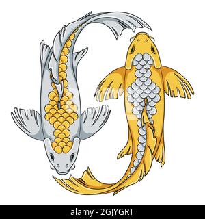 Colored illustration with gold and silver colored koi carp fish. Isolated vector objects on white background. Stock Vector