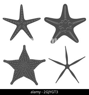 Set of graphic black and white images of sea stars. Isolated vector objects on white background. Stock Vector