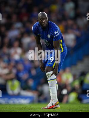 London, UK. 11th Sep, 2021. Romelu Lukaku of Chelsea holds his leg during the Premier League match between Chelsea and Aston Villa at Stamford Bridge, London, England on 11 September 2021. Photo by Andy Rowland. Credit: PRiME Media Images/Alamy Live News Credit: PRiME Media Images/Alamy Live News Stock Photo