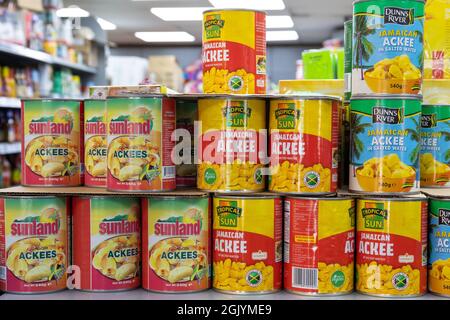 London, England - September 11 2021: Variety of tinned ackee on sale in a shop in London Stock Photo
