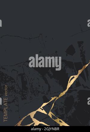 Universal vertical banner template with artificial marble lines. The texture of black marble with gold. Vector Stock Vector