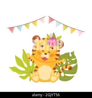 Cute cartoon happy little tiger in the jungle. vector illustration Stock Vector