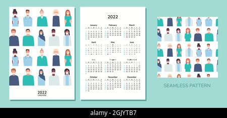 Vertical calendar 2022. Doctors. Happy New Year. Wall desk table pocket calendar with medical staff, nurses. Vector seamless pattern with people in Stock Vector