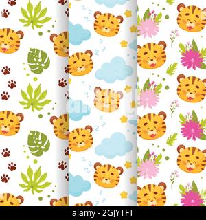 Set of three cute cartoon baby tiger pups seamless patterns. Vector illustration Stock Vector