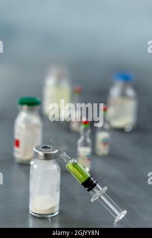 Analysis system, syringe, and other laboratory utensils. Stock Photo